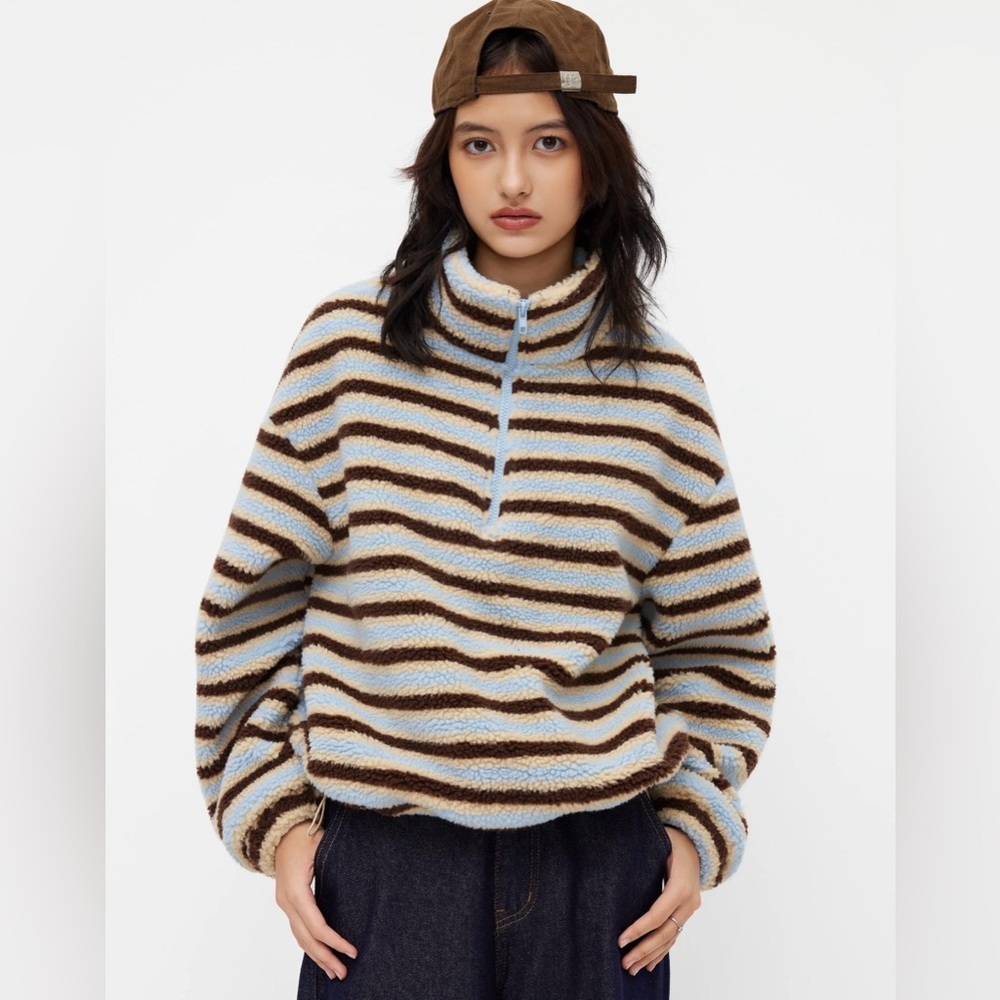 Cider Fleece Stripe Stand Collar Drawstring Half Zip Oversized Sweatshirt